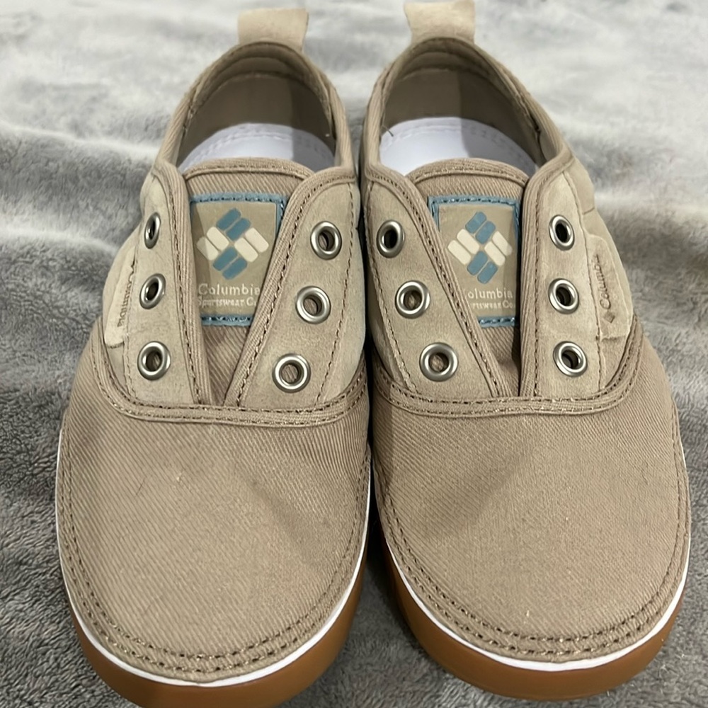 Tan Columbia slip-ons, size 6.5